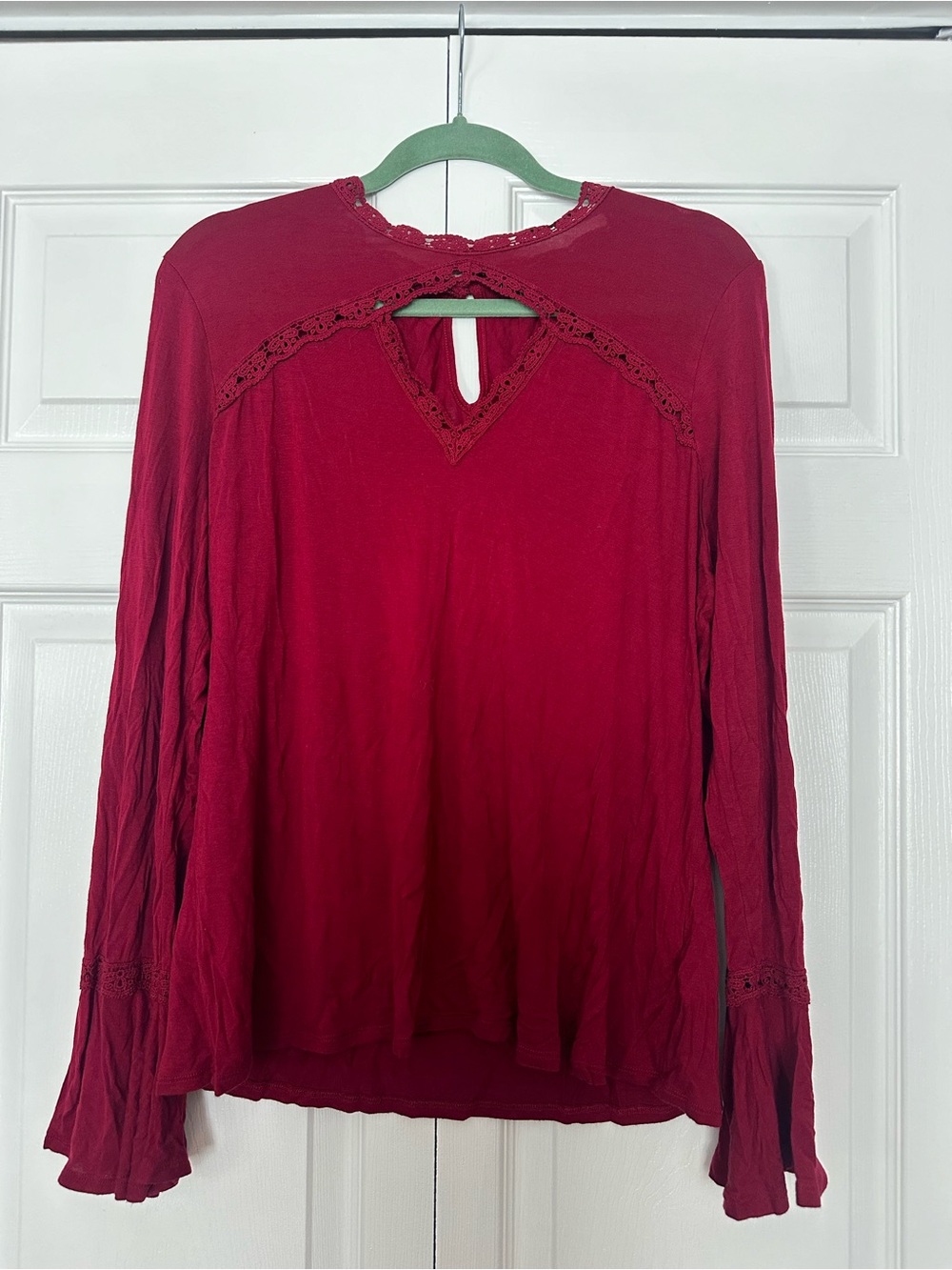 Adrianna Papell Long-Sleeve Lace Trim Top - wine red